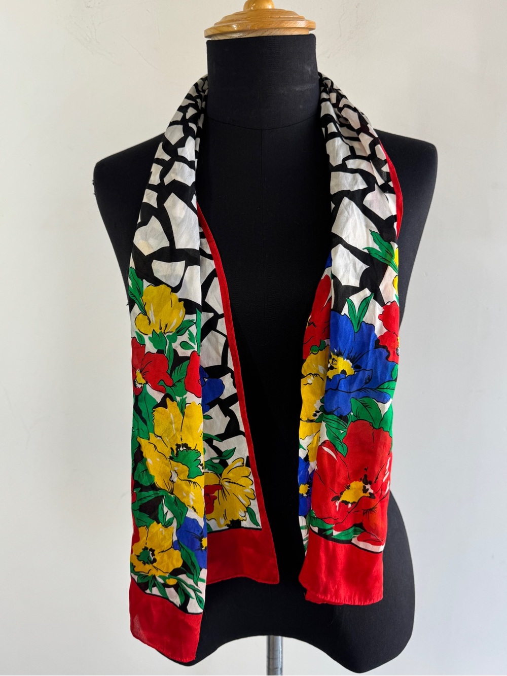 Vintage Bill Blass Silk Floral Scarf Red Multicolor Japanese Made Wrap Art
